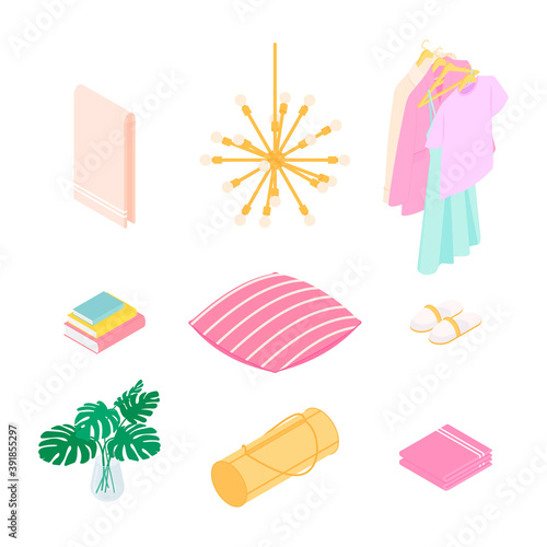 Isometric home decoration and furniture set. Vector collection. Illustration in flat design.