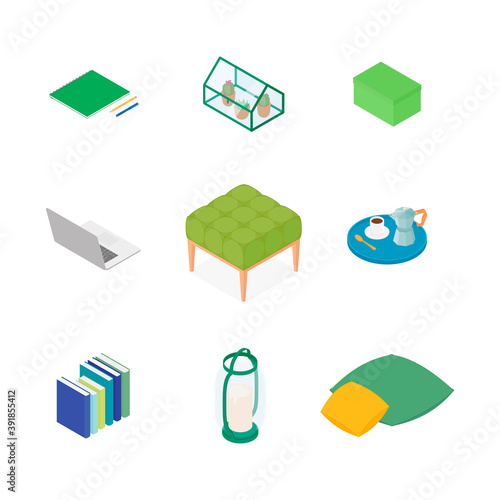 Isometric home decoration and furniture set. Vector collection. Illustration in flat design.