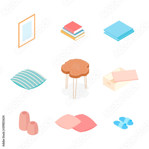 Isometric home decoration and furniture set. Vector collection. Illustration in flat design.