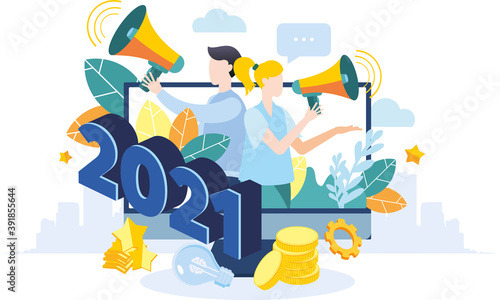 New year's business illustration 2021. Flat design. A group of people, men and women, employees and colleagues are preparing for the new year 2021. Big Christmas tree toy. Christmas tree.
