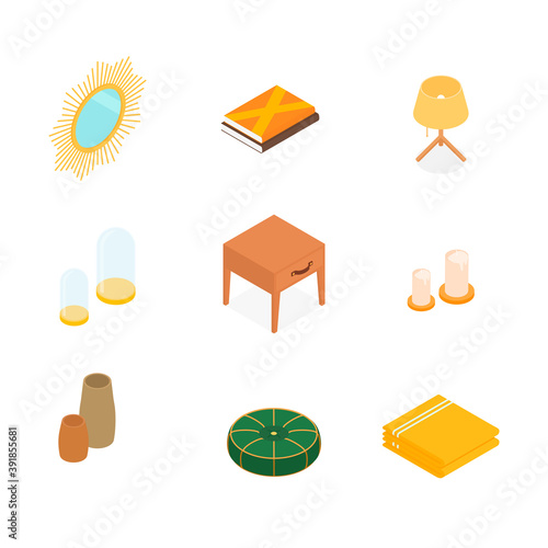 Isometric home decoration and furniture set. Vector collection. Illustration in flat design.