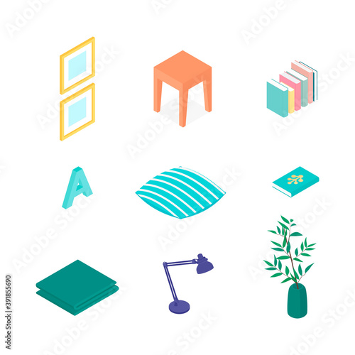 Isometric home decoration and furniture set. Vector collection. Illustration in flat design.