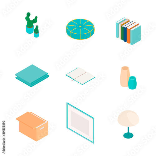 Isometric home decoration and furniture set. Vector collection. Illustration in flat design.
