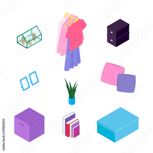 Isometric home decoration and furniture set. Vector collection. Illustration in flat design.