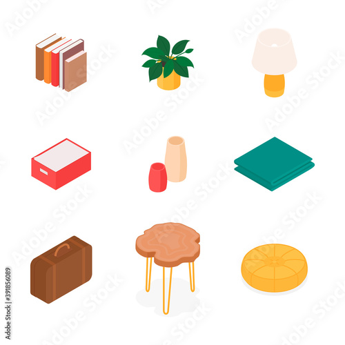 Isometric home decoration and furniture set. Vector collection. Illustration in flat design.