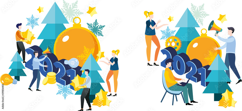 Naklejka premium New year's business illustration 2021. Flat design. A group of people, men and women, employees and colleagues are preparing for the new year 2021. Big Christmas tree toy. Christmas tree.