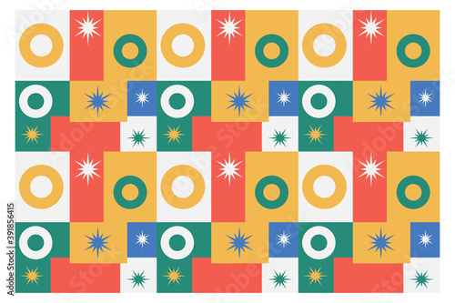 Seamless pattern of geometric shapes, circles and stars. Geometric abstraction background.