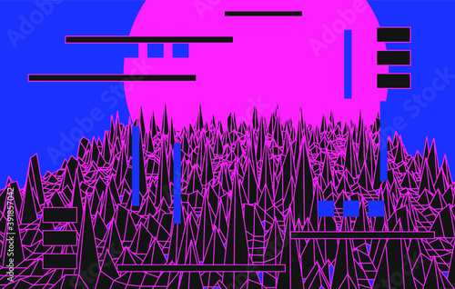 Tableau sur toile Synthwave style retro landscape with glitched and distorted grid
