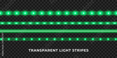 Green LED strips set. Colorful glowing illuminated tape decoration. Realistic neon lights