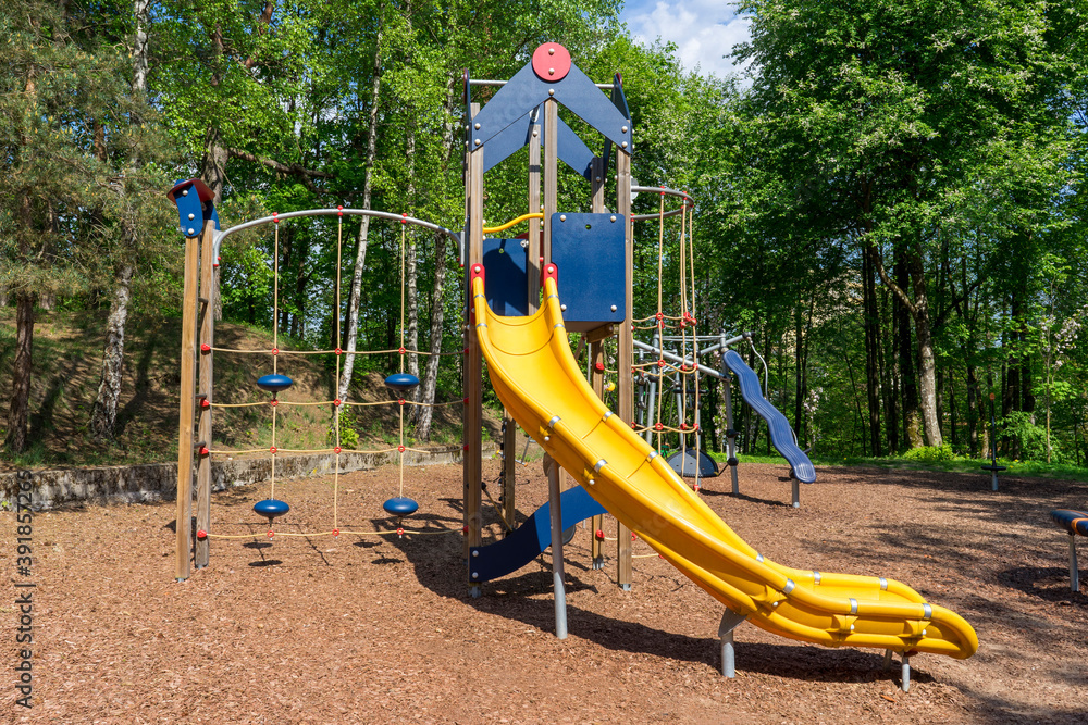 Children's playground activities in public park without children Children's playground activities in public park without children