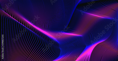 Glowing neon holographic grid, glitched wavy surface. Abstract science and technology background.