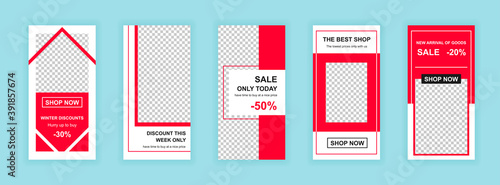 Shopping campaign editable templates set for Instagram stories. Shop now, discount promo, advertising kit. Design for social networks. Insta story mockup with free copy space vector illustration.