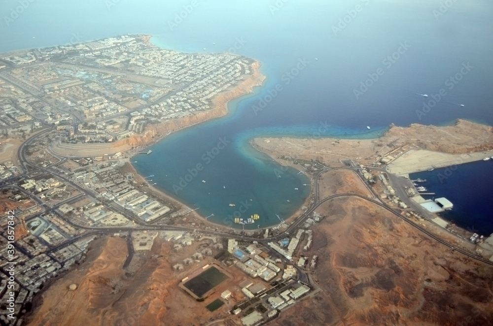 iew from the airplane window of the mountains and sea resort of Egypt, Sharm El Sheikh.Flight from Kiev