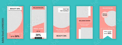 Beauty salon editable templates set for Instagram stories. Wellness center special offer, spa procedures. Trendy design for social networks. Insta story mockup with free copy space vector illustration