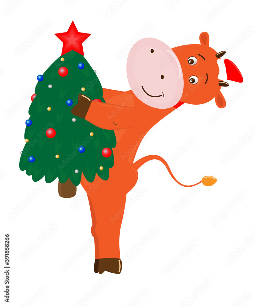 Fototapeta premium Illustration bull holding a Christmas tree