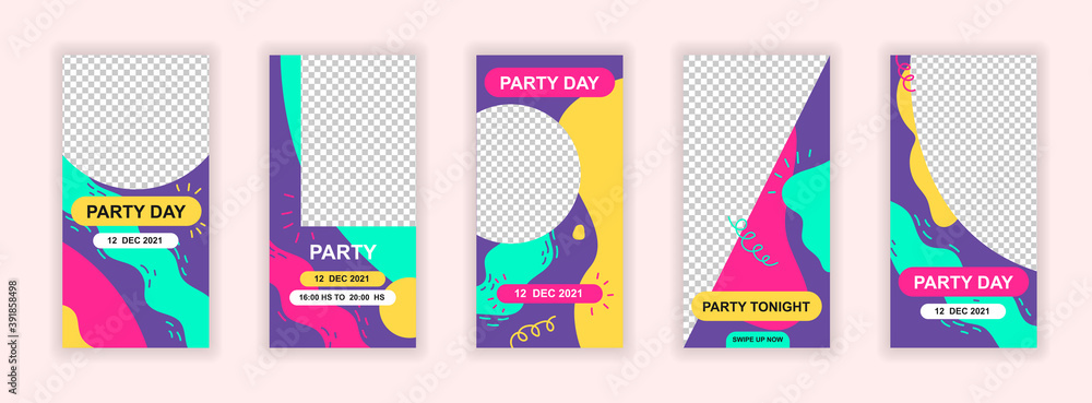 Party event editable templates set for Instagram stories. Party tonight, fun and celebration layouts. Colorful design for social networks. Insta story mockup with free copy space vector illustration.