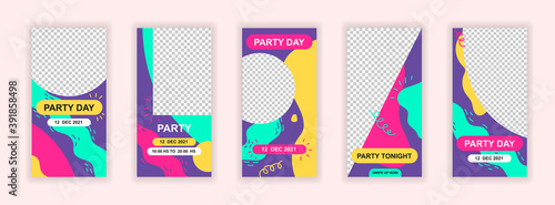 Party event editable templates set for Instagram stories. Party tonight, fun and celebration layouts. Colorful design for social networks. Insta story mockup with free copy space vector illustration.
