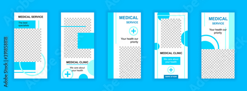 Medical service editable templates set for Instagram stories. Health care and treatment, modern clinic layouts. Design for social networks. Insta story mockup with free copy space vector illustration.