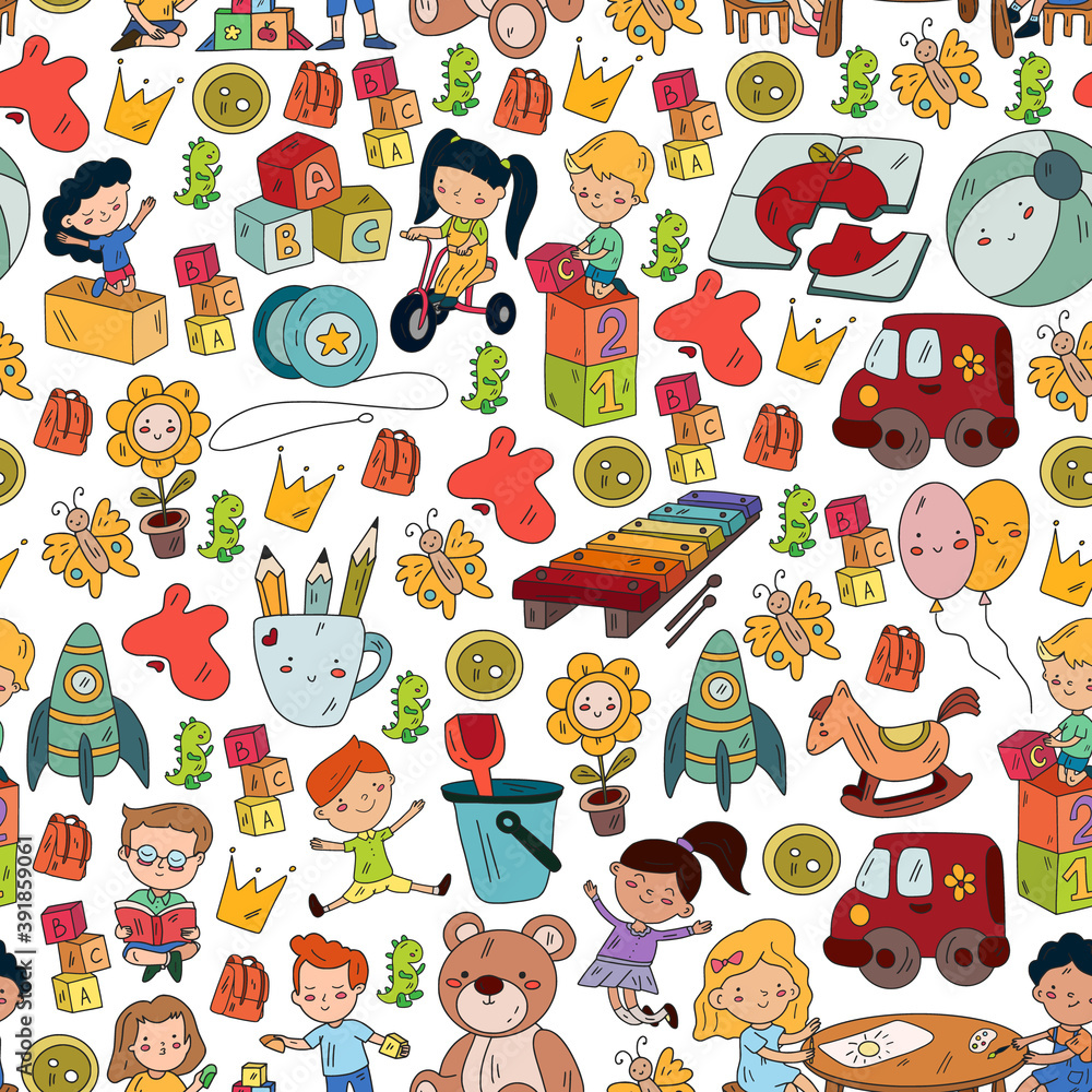 Seamless pattern. Children play with toys in the kindergarten. Kids playground. Education, creativity, imagination.