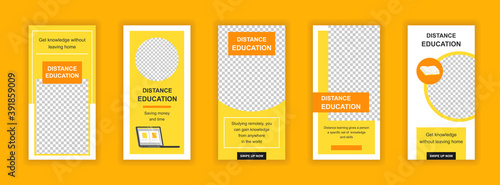 Distance education editable templates set for Instagram stories. Online learning, training and courses layouts. Design for social networks. Insta story mockup with free copy space vector illustration.