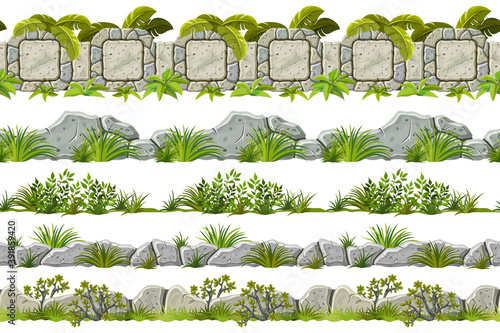 Set of seamless border old gray rock and grass. Vector stone sidewalks with leaves for computer games isolated on white background.