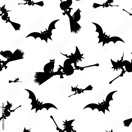 Witch on the broom - seamless pattern - vector  Halloween pattern black witch silhouette flying on broom