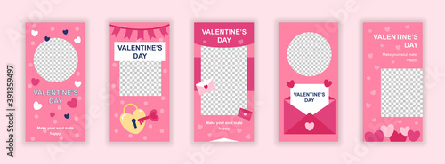 Valentines day editable templates set for Instagram stories. Romantic love and amorous relationships layouts. Design for social networks. Insta story mockup with free copy space vector illustration.