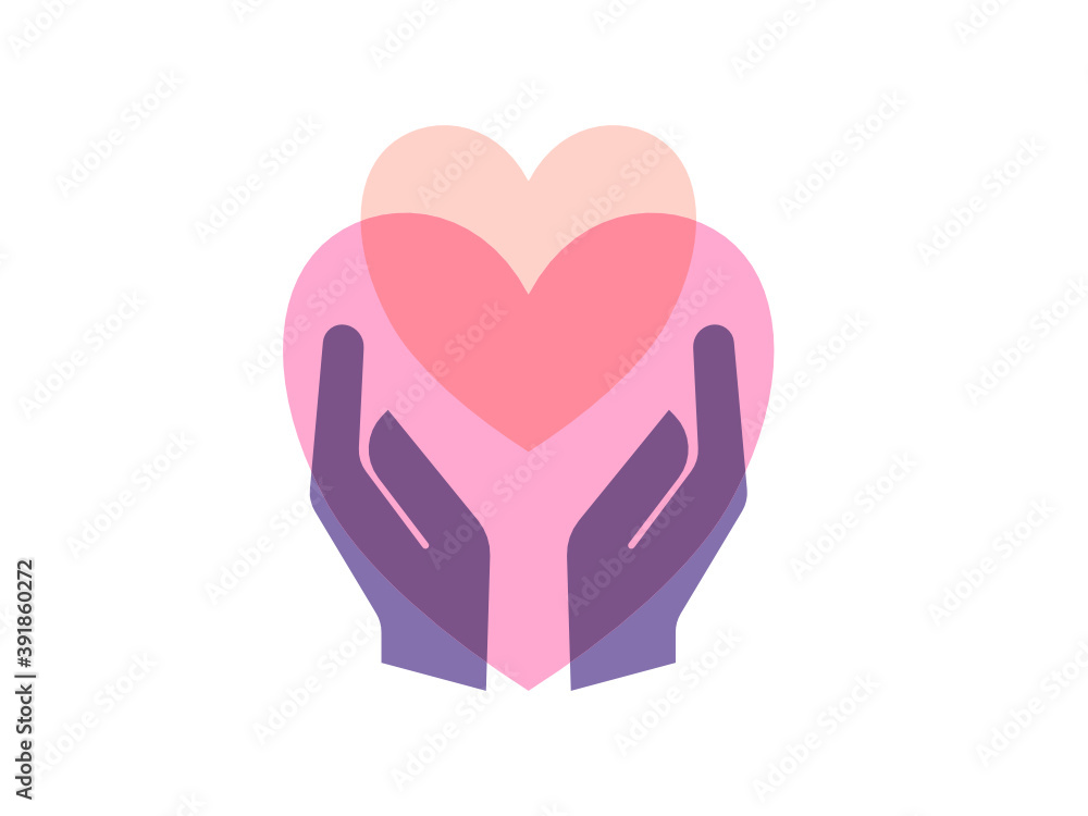 Heart care illustration logo. Hand palms holding two hears icon. Heart healthcare and organ donor illustrated concept vector. Heart care illustration logo. Hand palms holding two hears icon. Heart healthcare and organ donor illustrated concept vector.