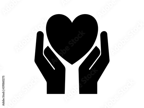 Palms holding heart shape. Two palms open holding a heart icon. Care and protection concept. Black and white vector on a white background. Vector.