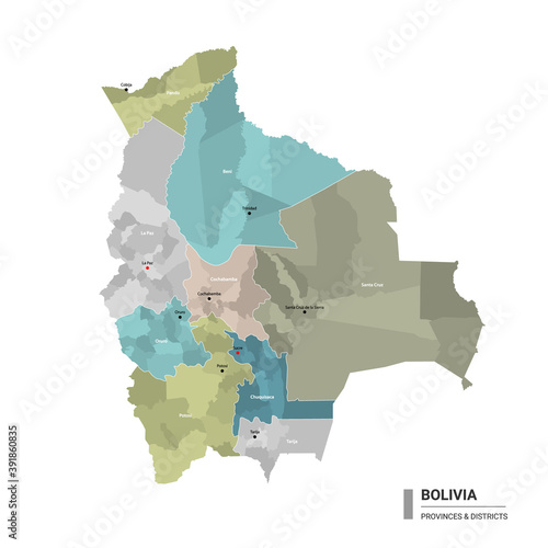 Bolivia higt detailed map with subdivisions. Administrative map of Bolivia with districts and cities name, colored by states and administrative districts. Vector illustration. photo
