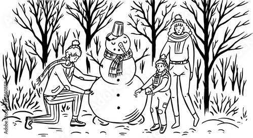 The family makes a snowman for Christmas. Mom Dad baby in the winter snowy forest. Cozy atmosphere. People in warm sweaters. Hand drawn sketch. Vintage engraved illustration