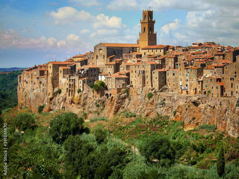 Pitigliano, Tuscany, Italy. Medieval village panorama. Of Etruscan origins, it stands out on a rocky hill.