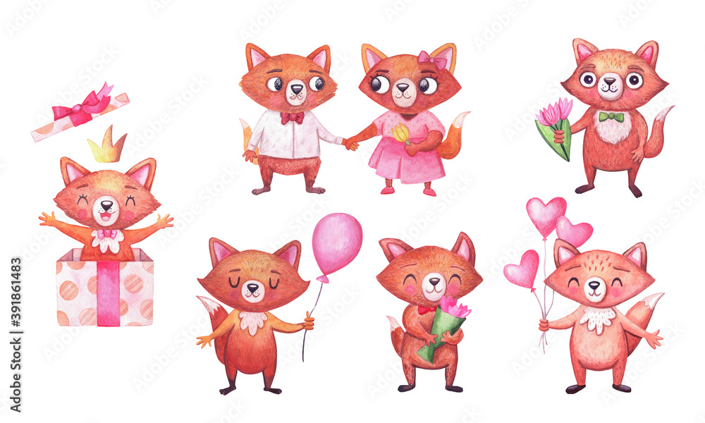 Cute watercolor foxes for birthday party. Set of characters on white. Animals for celebrations