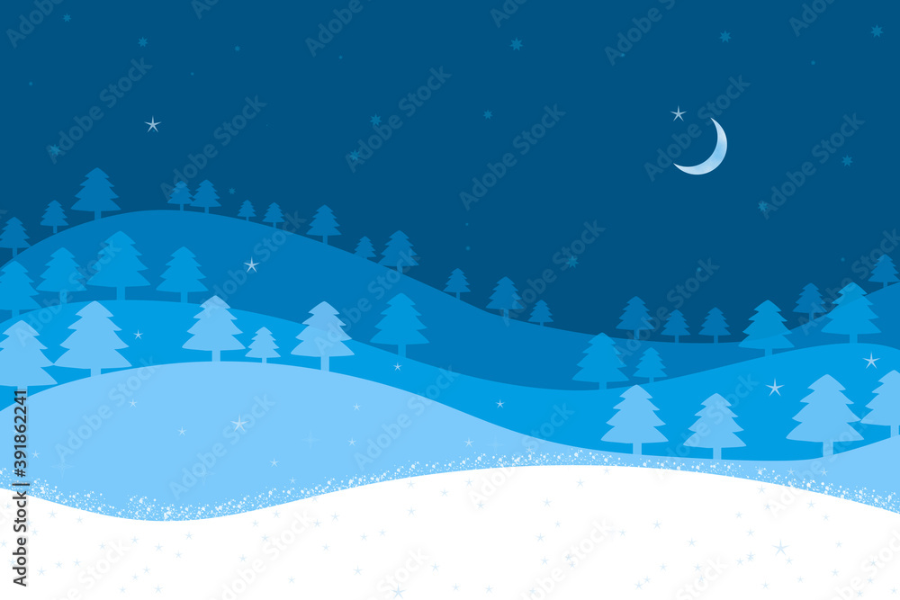 Christmas background with Christmas trees and crescent on a blue background.