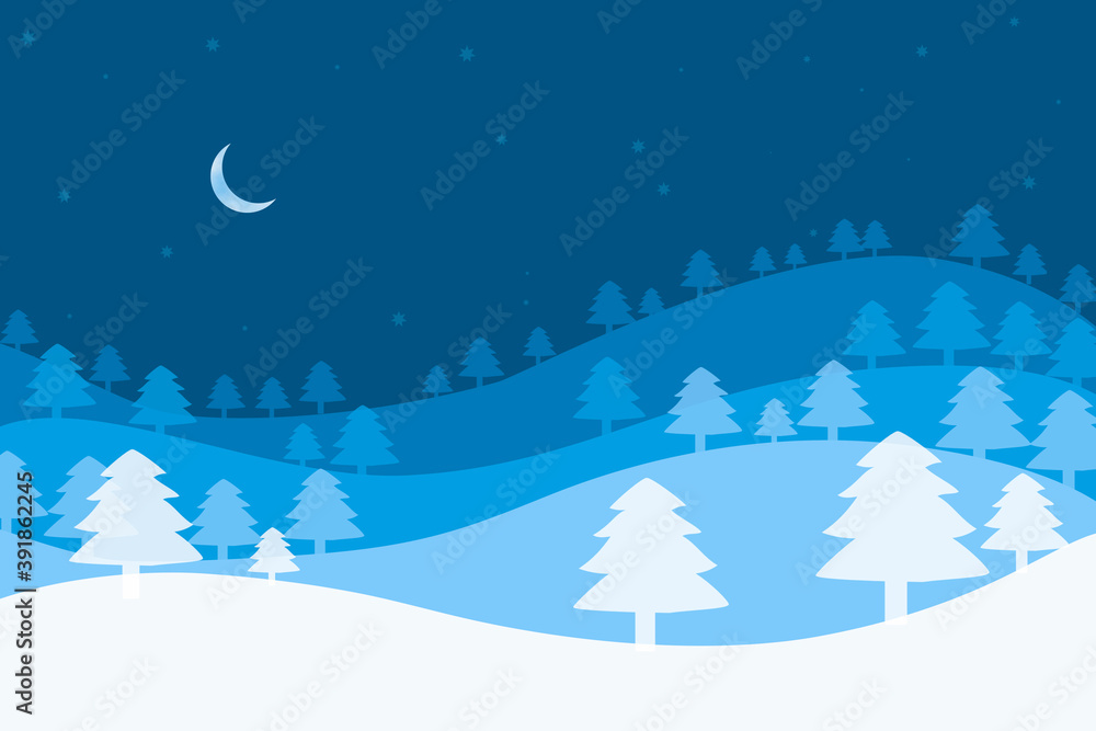 Christmas background with Christmas trees and crescent on a blue background.