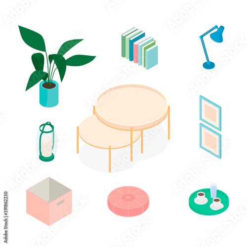 Isometric home decoration and furniture set. Vector collection. Illustration in flat design.