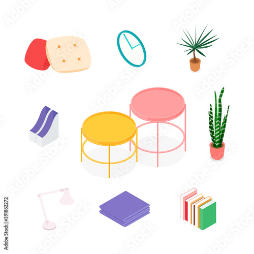 Isometric home decoration and furniture set. Vector collection. Illustration in flat design.