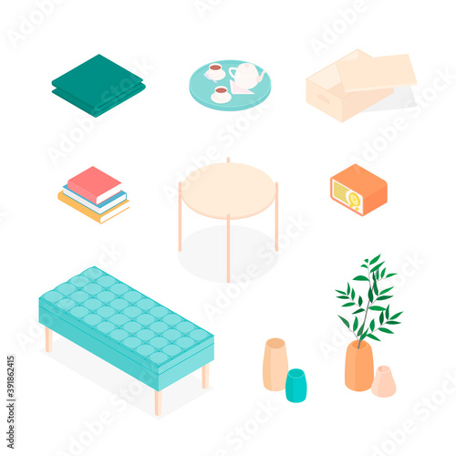 Isometric home decoration and furniture set. Vector collection. Illustration in flat design.