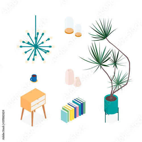 Isometric home decoration and furniture set. Vector collection. Illustration in flat design.