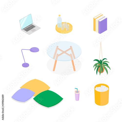 Isometric home decoration and furniture set. Vector collection. Illustration in flat design.
