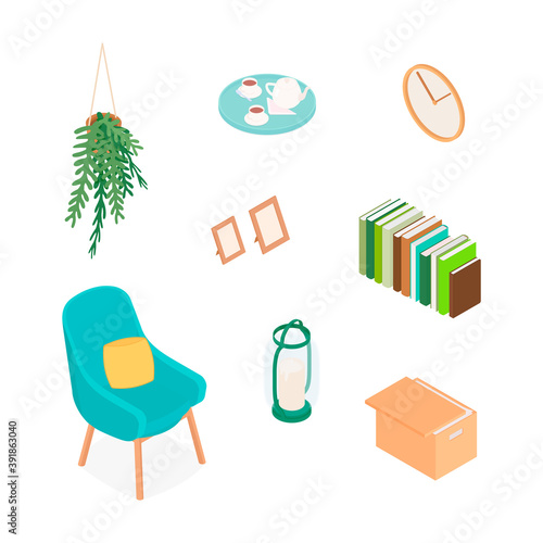 Isometric home decoration and furniture set. Vector collection. Illustration in flat design.