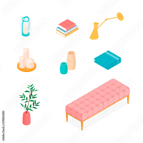 Isometric home decoration and furniture set. Vector collection. Illustration in flat design.