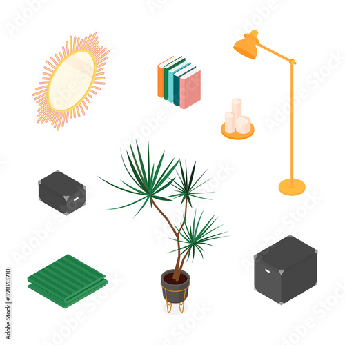 Isometric home decoration and furniture set. Vector collection. Illustration in flat design.