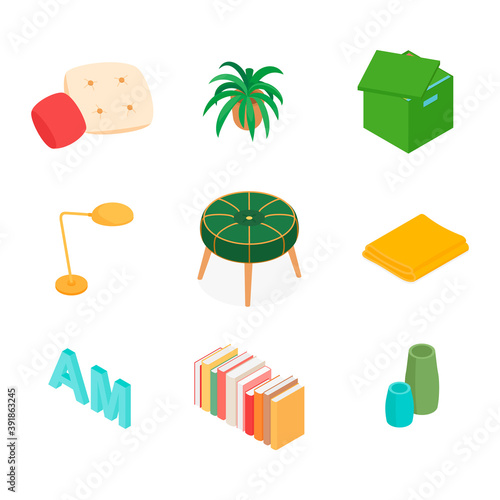 Isometric home decoration and furniture set. Vector collection. Illustration in flat design.