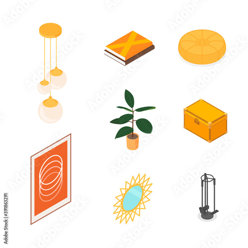 Isometric home decoration and furniture set. Vector collection. Illustration in flat design.