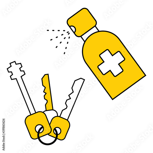Protection personal effects from coronavirus bacteria. Sanitizer spray for disinfecting keys. Keys sanitizing Disinfection of all surfaces. Vector