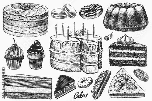 Cakes and cream tarts, fruit desserts and muffins. Chocolate Donuts, Sweet Food. Hand drawn pastries. Vintage engraved sketch. Vector illustration for a banner or menu of a cafe and restaurant.