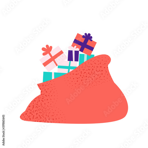 Santa Claus red bag full of gifts. Christmas gifts in a red sack. Opened hood with bunch of xmas presents. Vector flat illustration