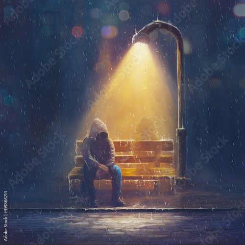 Quadro su tela Digital Painting of a man in rain storm