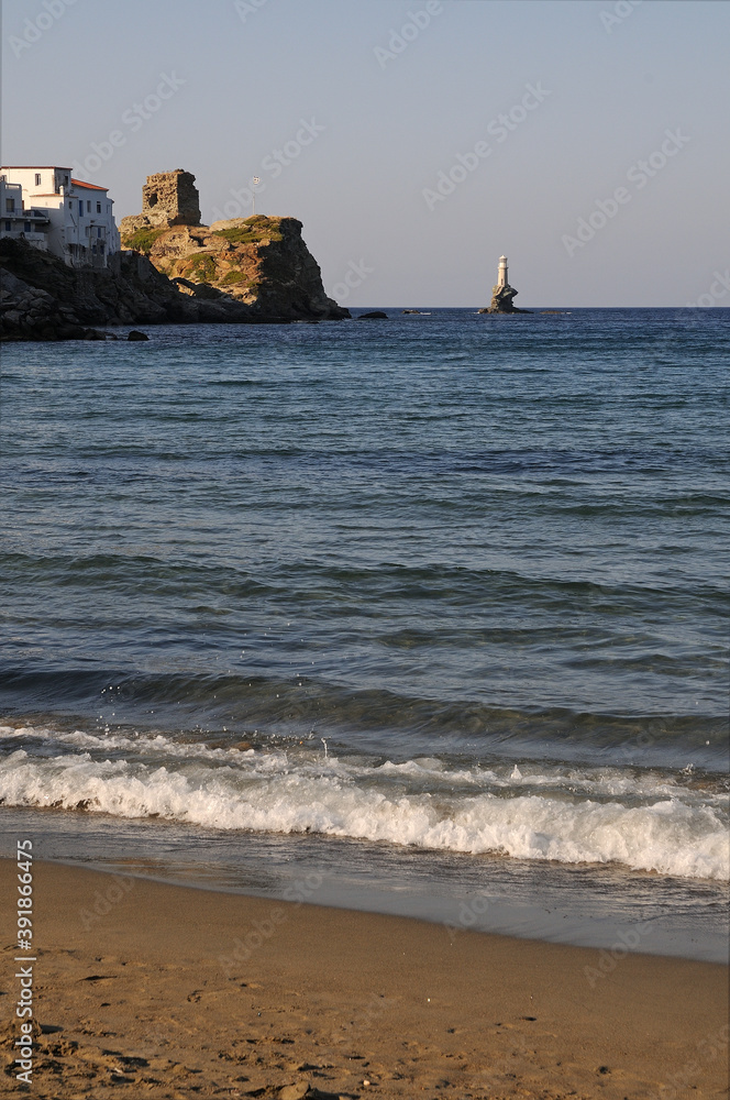 Tourlitis lighthouse. Andros island. Cyclades Greece. 